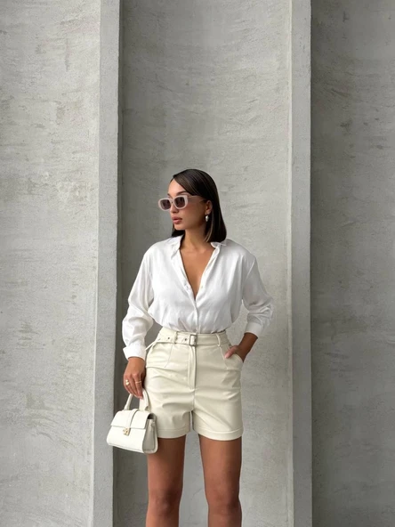 Kemerli deri şort krem h241003 - 9