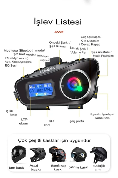 Q58-max Radyolu 2 Kişi Bağlantılı Bluetooth Kask Kulaklık Ekranlı Fenerli Müzik Ve Telsiz Intercom - Resim 2