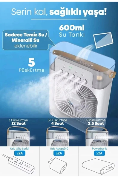 Taşınabilir Işıklı 5 Spreyli Vantilatör Buzlu Buharlı Vantilatör Mini Fan Nemlendirici - 2