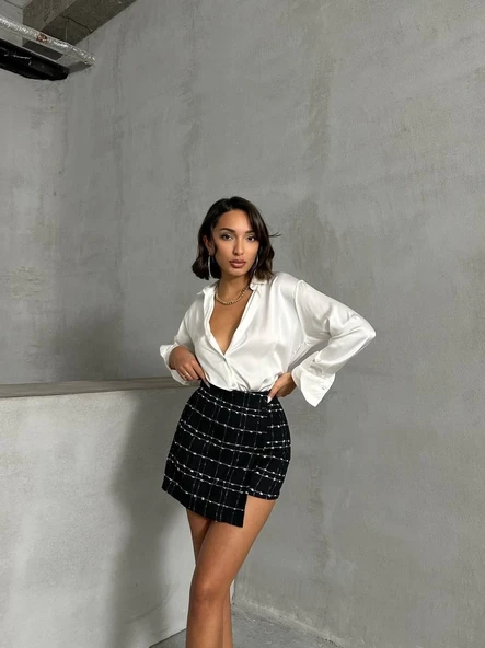 İki düğmeli ch kumaş şort etek siyah h26414 - 2