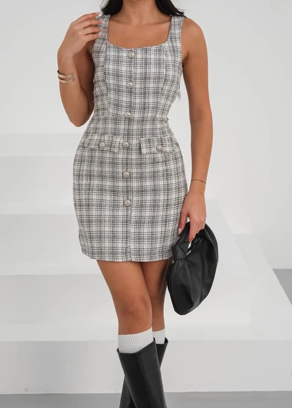 Askılı ch kumaş düğmeli elbise gribeyaz h265007 - 6