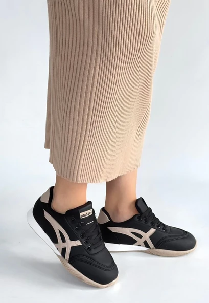 Zlay Siyah Cilt Bej Detaylı Bağcıklı Spor Ayakkabı - 2