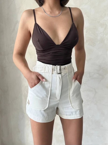 Kemer detaylı gabardin şort krem s25289 - 4