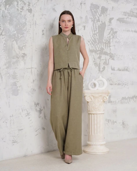 Broşlu yelek pantolon takım haki s255821 - 2