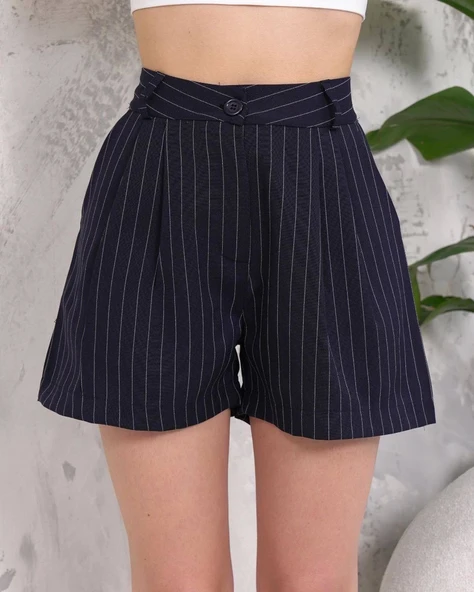 Çizgili düğmeli şort siyah s2551251