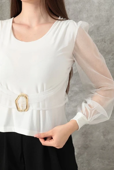 Tokalı tül kollu bluz beyaz - 2