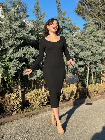 V yaka Uzun kollu midi boy elbise siyah - 4