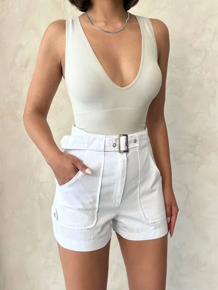 Kemer detaylı gabardin şort beyaz s25289 - 6