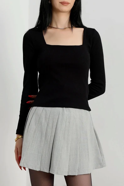 Çerçeve yaka kaşkorse bluz siyah