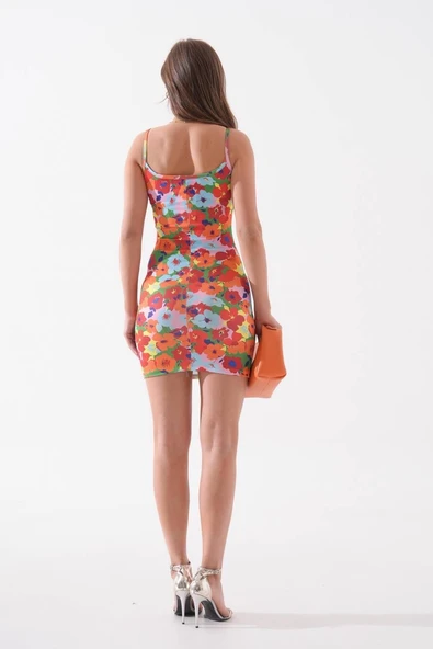 Kadın ince askılı desenli elbise s8105 - 4