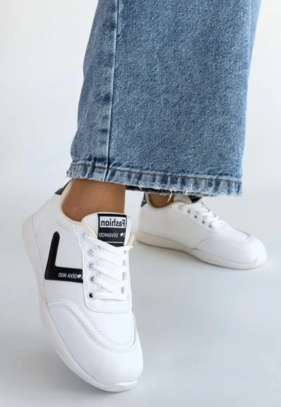 Jowen Beyaz Cilt Siyah Detaylı Bağcıklı Spor Ayakkabı - 2