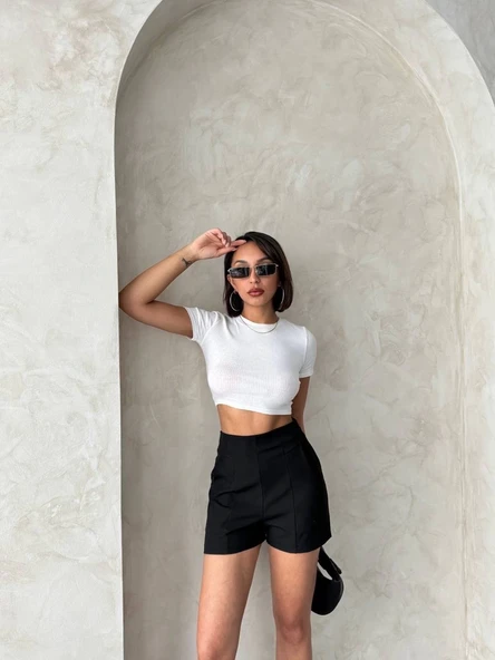 Yüksek bel parçalı double kumaş şort s25312 - 4