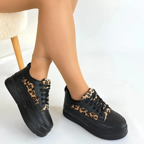 Lorrin Siyah Cilt Leopar Detaylı Bağcıklı Spor Ayakkabı - 4