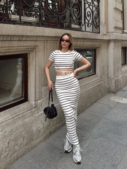 Çizgili etekli takım beyaz s3609 - 4