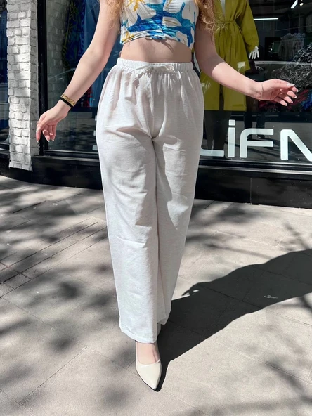 Bağcıklı keten pantolon krem