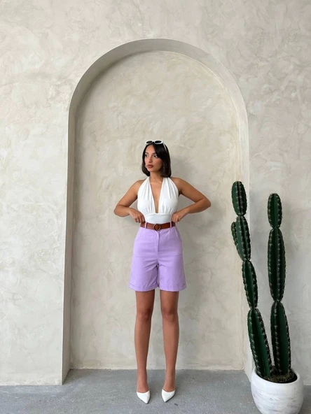 Kemerli gabardin şort lila s25735 - 7