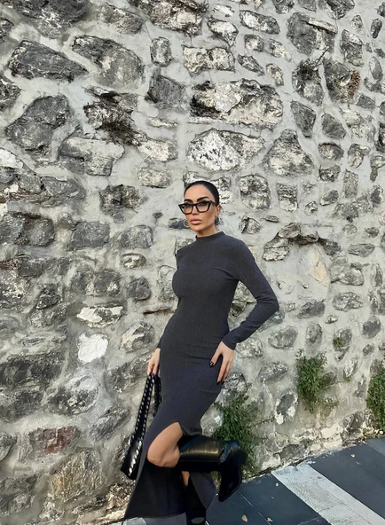 Yırtmaçlı kalın bürümcük uzun elbise siyah - 6