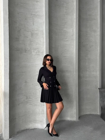 Altı piliseli uzun kollu ceket elbise siyah s255016 - 4