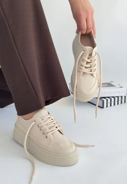 Carin Bej Keten Bağcıklı Spor Ayakkabı - 3