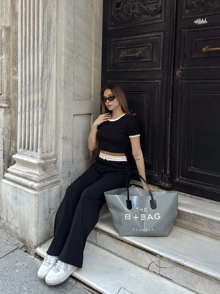 Crop pantolon biyeli takım siyah - 5