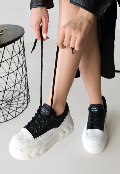 Emwa Siyah Cilt Bağcıklı Spor Ayakkabı - 3