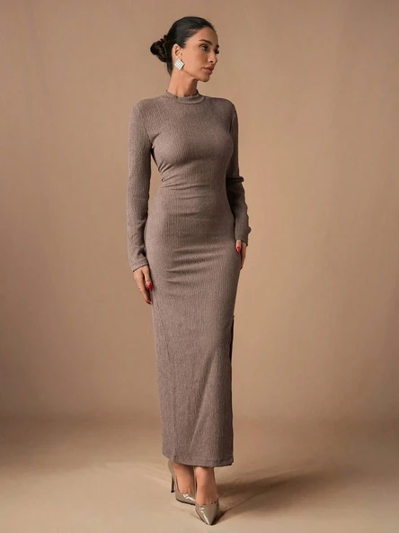 Yırtmaçlı kalın bürümcük uzun elbise vizon - 3