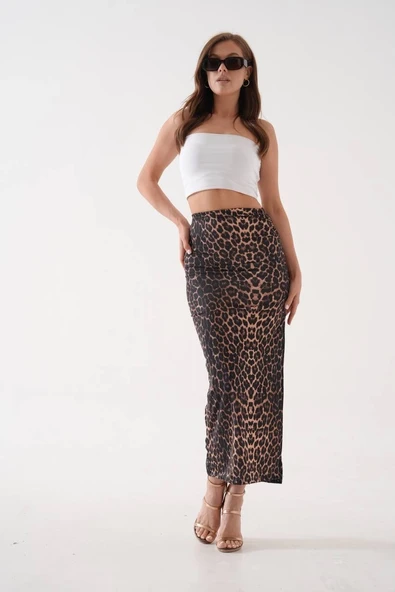 Uzun yırtmaçlı ince kumaş etek leopar - 4