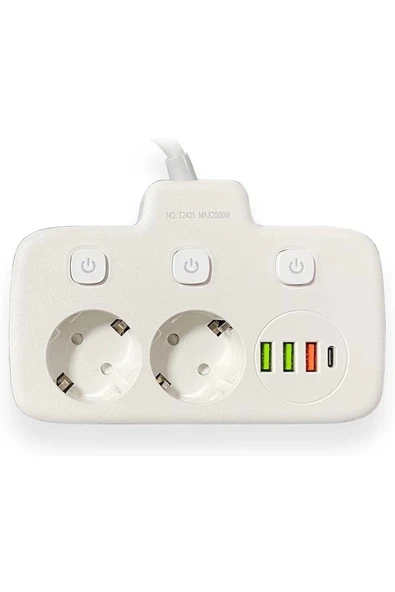 Akım Korumalı 2’li Ayrı Anahtarlı Priz, 2x Priz, 3x Usb, 1x Type-c, 2 Mt Kablo, Hızlı Şarj - Resim 4