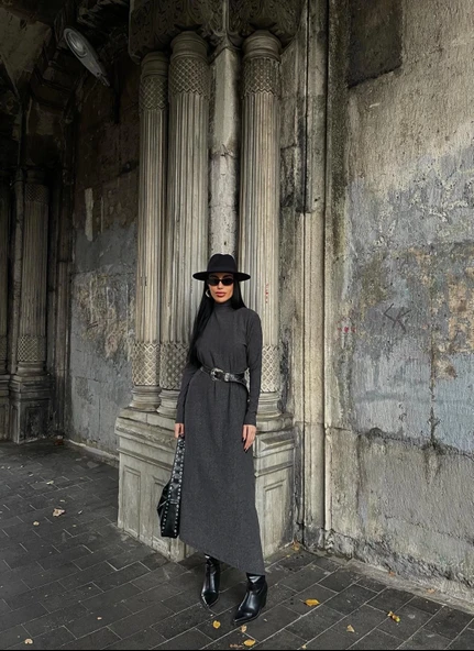 Boğazlı kalın bürümcük uzun elbise siyah - 5