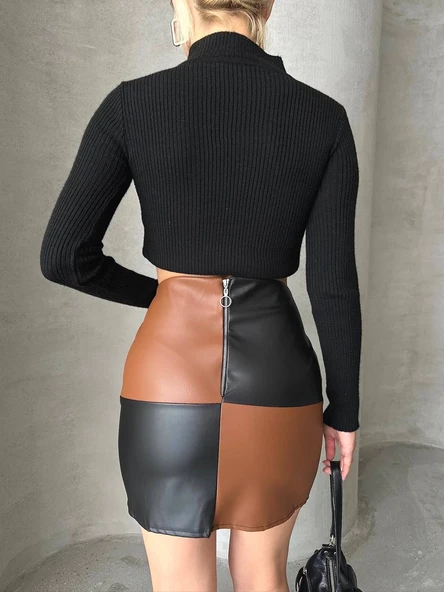 Damalı deri etek siyah kahve w24648 - 3