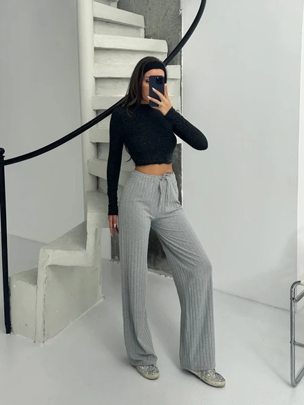 Fitilli şardonlu pantolon gri