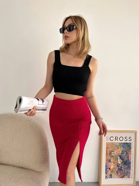 Yırtmaçlı esnek kumaş midi boy etek koyu kırmızı - 5