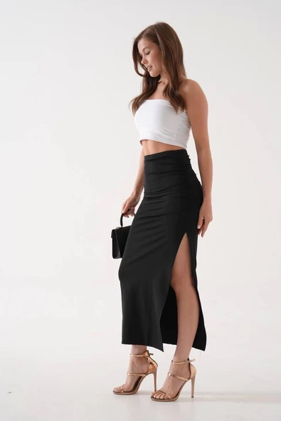 Uzun yırtmaçlı ince kumaş etek siyah - 3