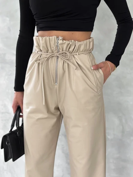 Kendinden ince kemerli deri pantolon bej - 4