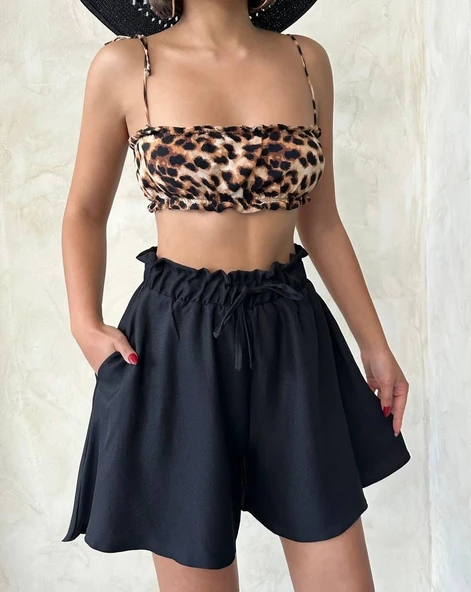 Volanlı keten şort siyah s255058 - 9