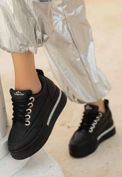 Lulu Siyah Cilt Bağcıklı Spor Ayakkabı - 3