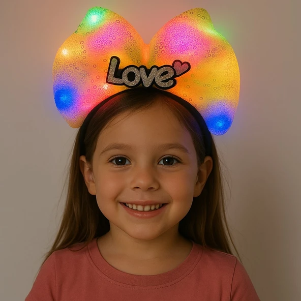 LED Işıklı Love Yazılı Sarı Fiyonk Taç – Kız Çocuk Parti Tacı ürün görseli 1