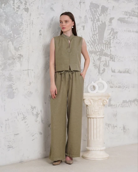 Broşlu yelek pantolon takım haki s255821 - 4