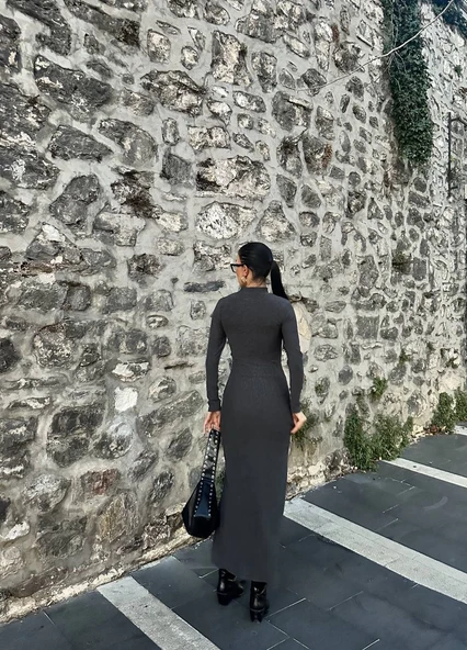 Yırtmaçlı kalın bürümcük uzun elbise siyah - 5