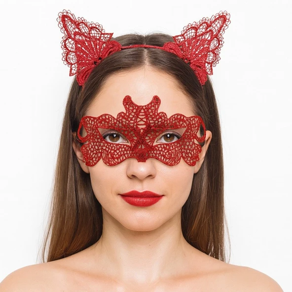 Ateş Kırmızısı Dantel Taç ve Maske Seti 10 No - Maskeli B & Özel Gün Seti