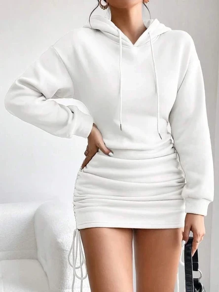 3 iplik şardonlu kapşonlu elbise beyaz