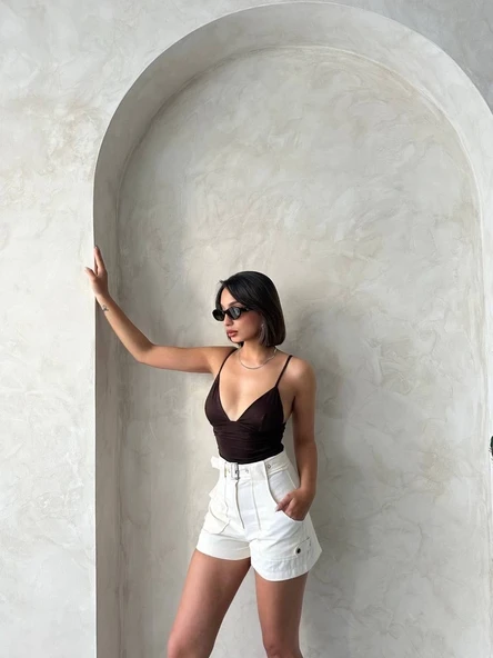 Kemer detaylı gabardin şort krem s25289 - 7