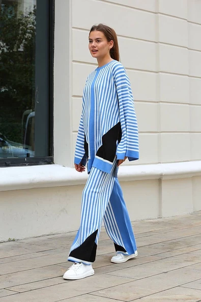 Çizgili bisiklet yaka triko takım Mavi - 2