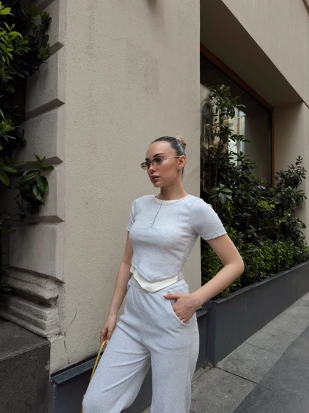 Düğme yakalı gri alt üst takım s3943 - 4