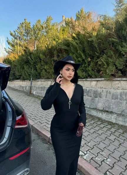 Fermuar detaylı fitilli şardonlu elbise siyah - 2