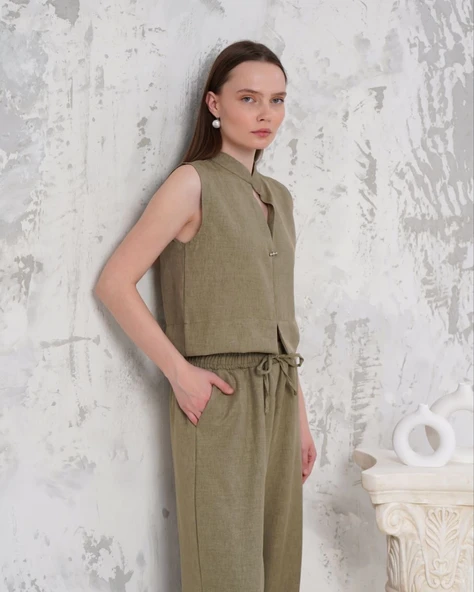 Broşlu yelek pantolon takım haki s255821 - 5