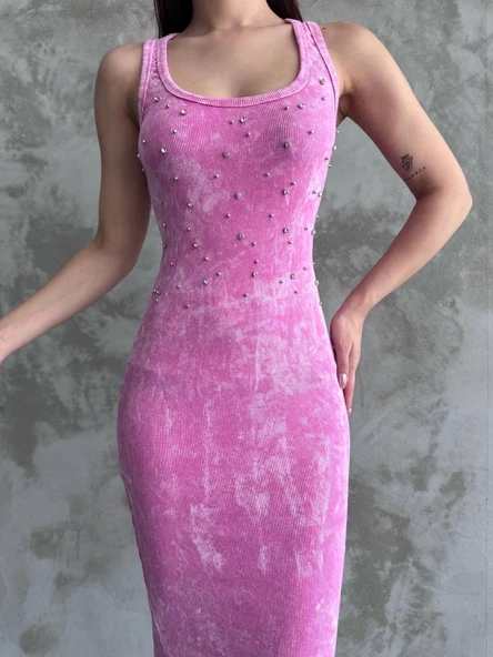 Taşlı askılı elbise - 2