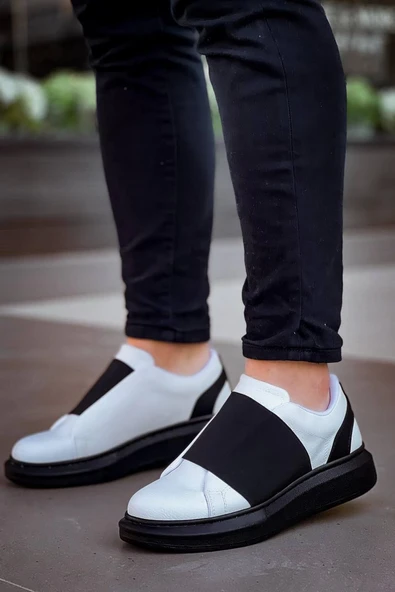 KB-040 Kuback Beyaz Cilt Siyah Yüksek Taban Lastikli Günlük Erkek Ayakkabı - 3