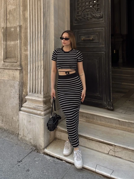 Çizgili etekli takım siyah s3609 - Resim 11