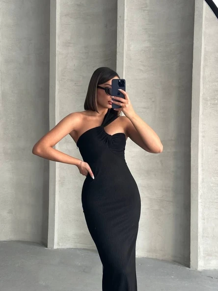 Krinkıl tek omuz uzun elbise siyah s25455 - 7